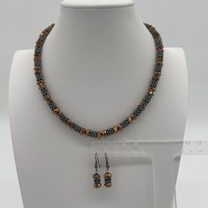You & I Beaded Necklace & Earrings Set – Bronze‎ Faceted Glass & Silver-Tone